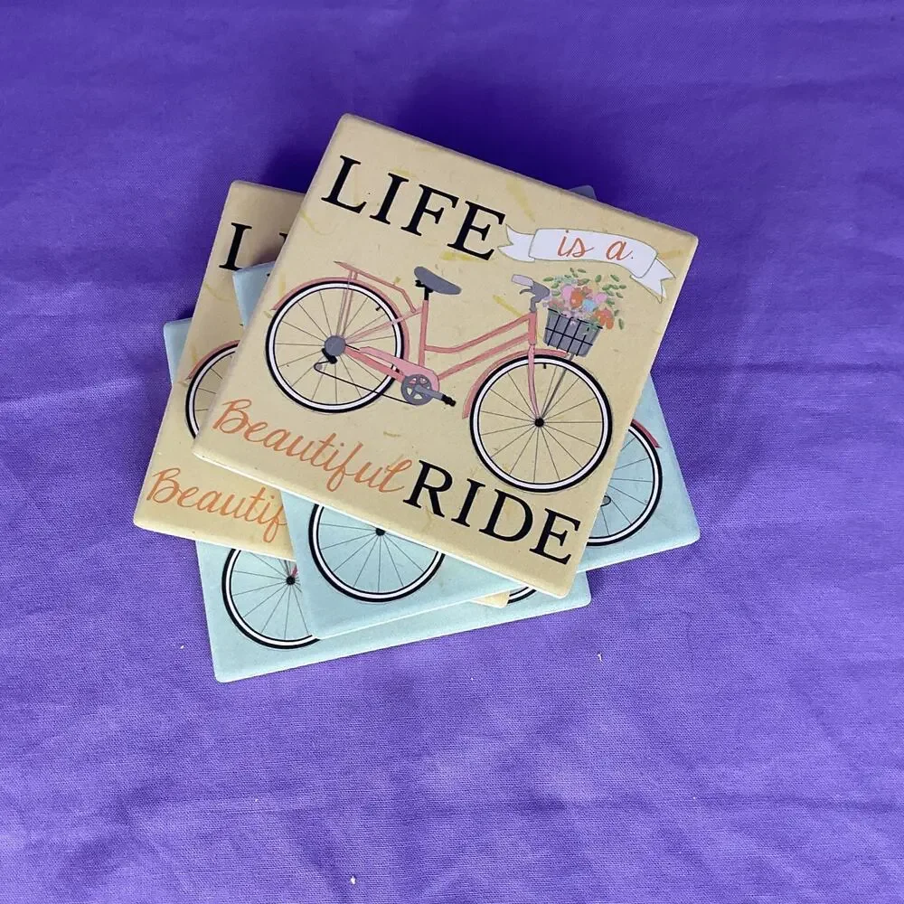 Ceramic Vintage Bike Coasters Set of 4 - Floral Basket Bicycle Home Decor